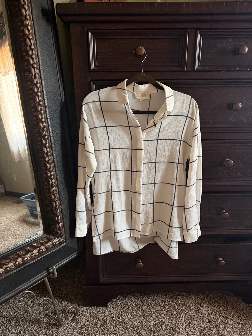 Sweet Wanderer Cream Button-Down Shirt with Black Windowpane Grid
